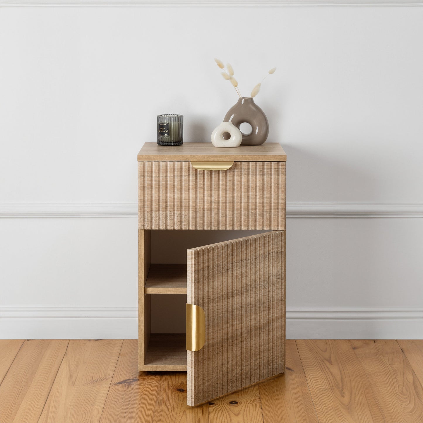 PORTO BEDSIDE TABLE - NATURAL OAK - SLIM & FLUTED - BRASS & BLACK OPTIONS