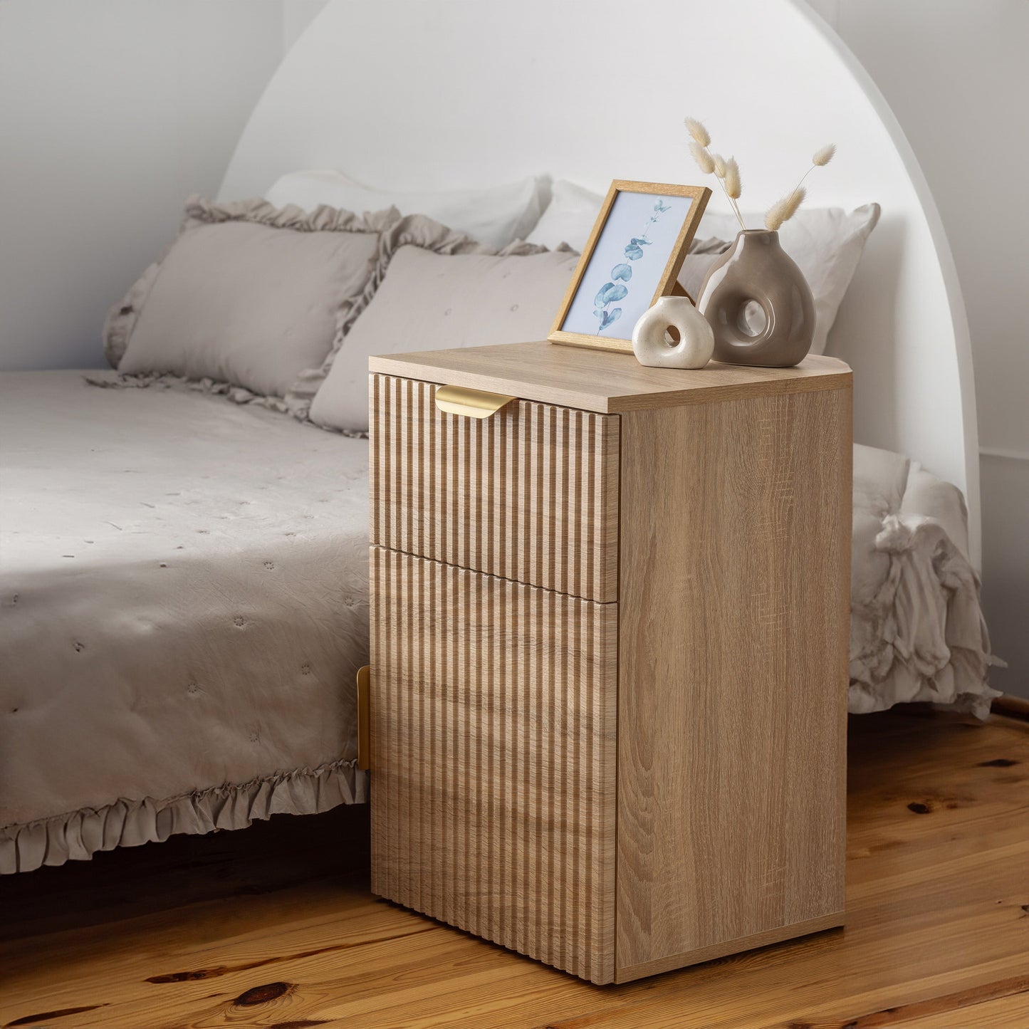 PORTO BEDSIDE TABLE - NATURAL OAK - SLIM & FLUTED - BRASS & BLACK OPTIONS