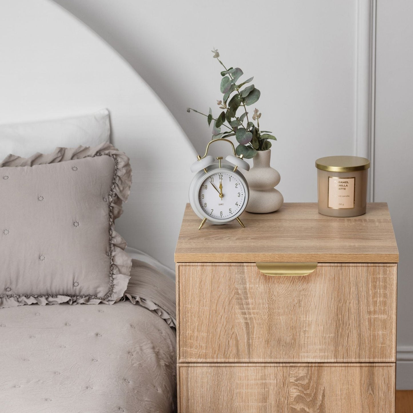 Porto Bedside Table – Slim Design, Natural Oak with Brass Pull