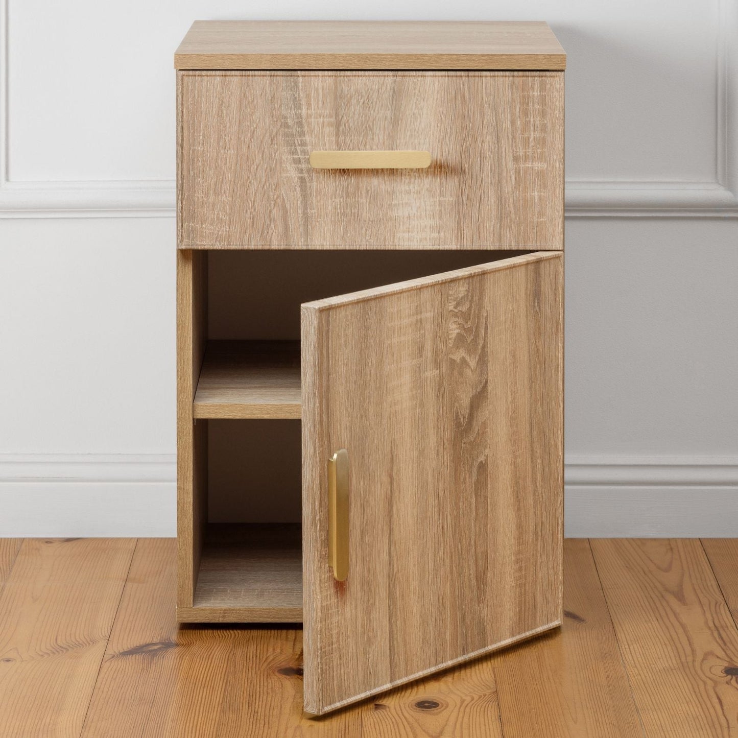 PORTO BEDSIDE TABLE - NATURAL OAK - SLIM & FLUTED - BRASS & BLACK OPTIONS