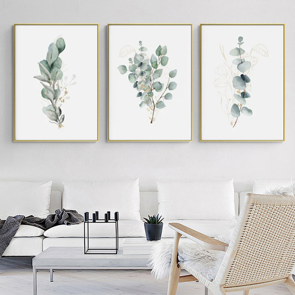Wall Art Eucalyptus Plant 3 Sets Black and Gold Frame Canvas