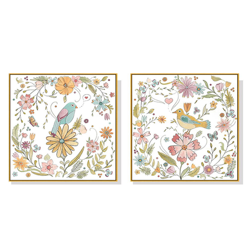 Wall Art Floral Birds 2 Sets Gold Frame Canvas