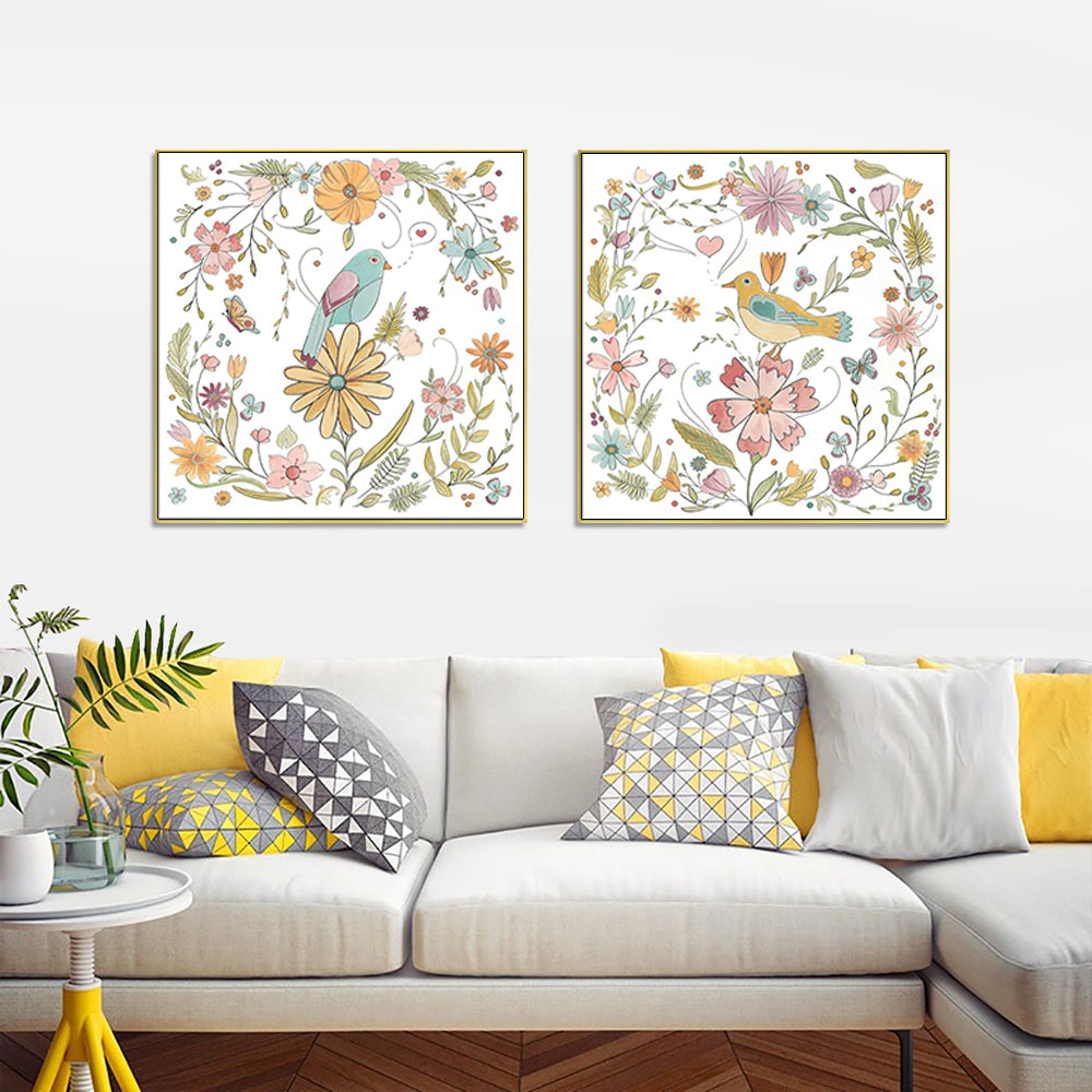 Wall Art Floral Birds 2 Sets Gold Frame Canvas