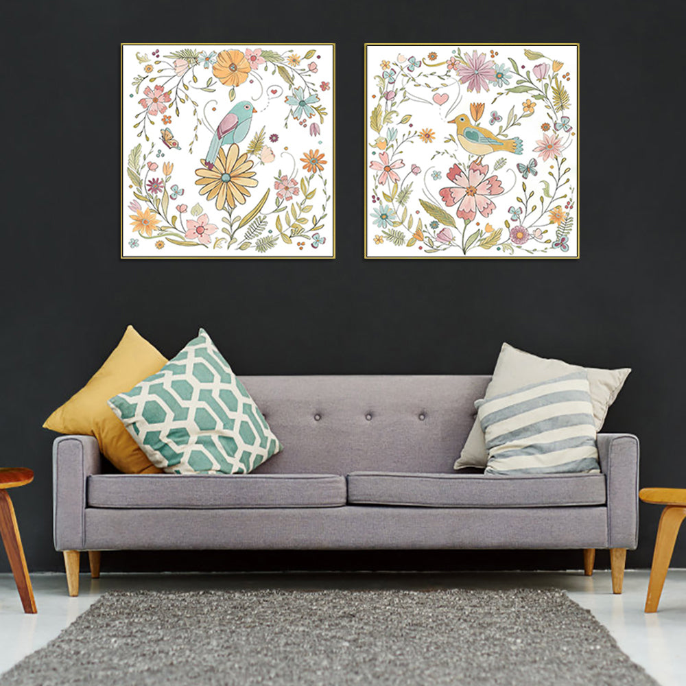 Wall Art Floral Birds 2 Sets Gold Frame Canvas
