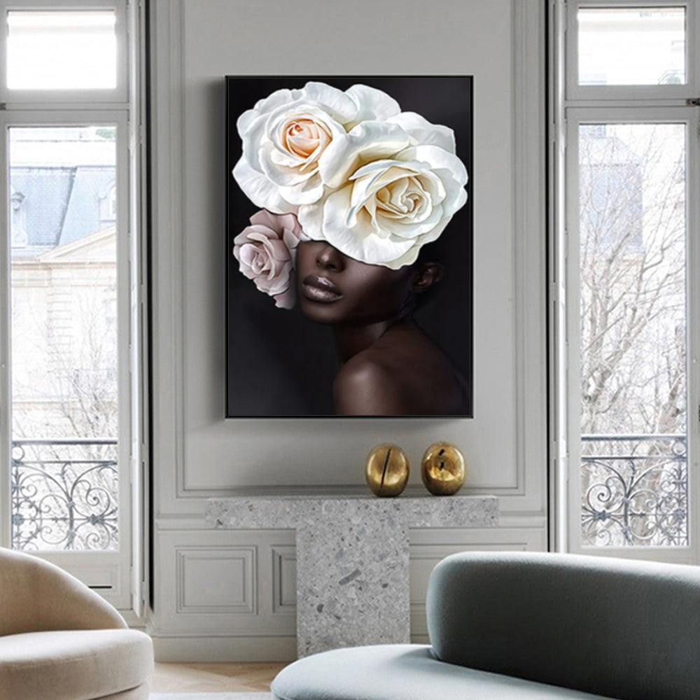 Wall Art Flower African Woman Black Frame Canvas