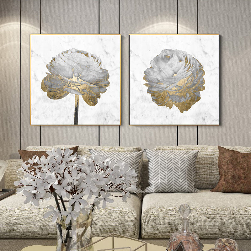 Wall Art Gold And White Blossom On White 2 Sets Gold Frame Canvas