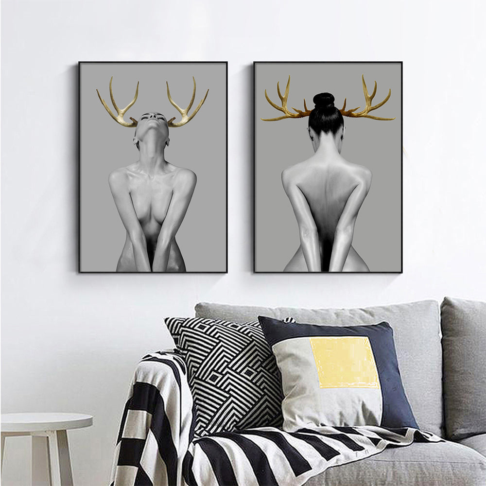 Wall Art Girl With Gold Horn 2 Sets Black Frame Canvas
