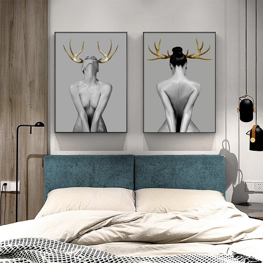 Wall Art Girl With Gold Horn 2 Sets Black Frame Canvas