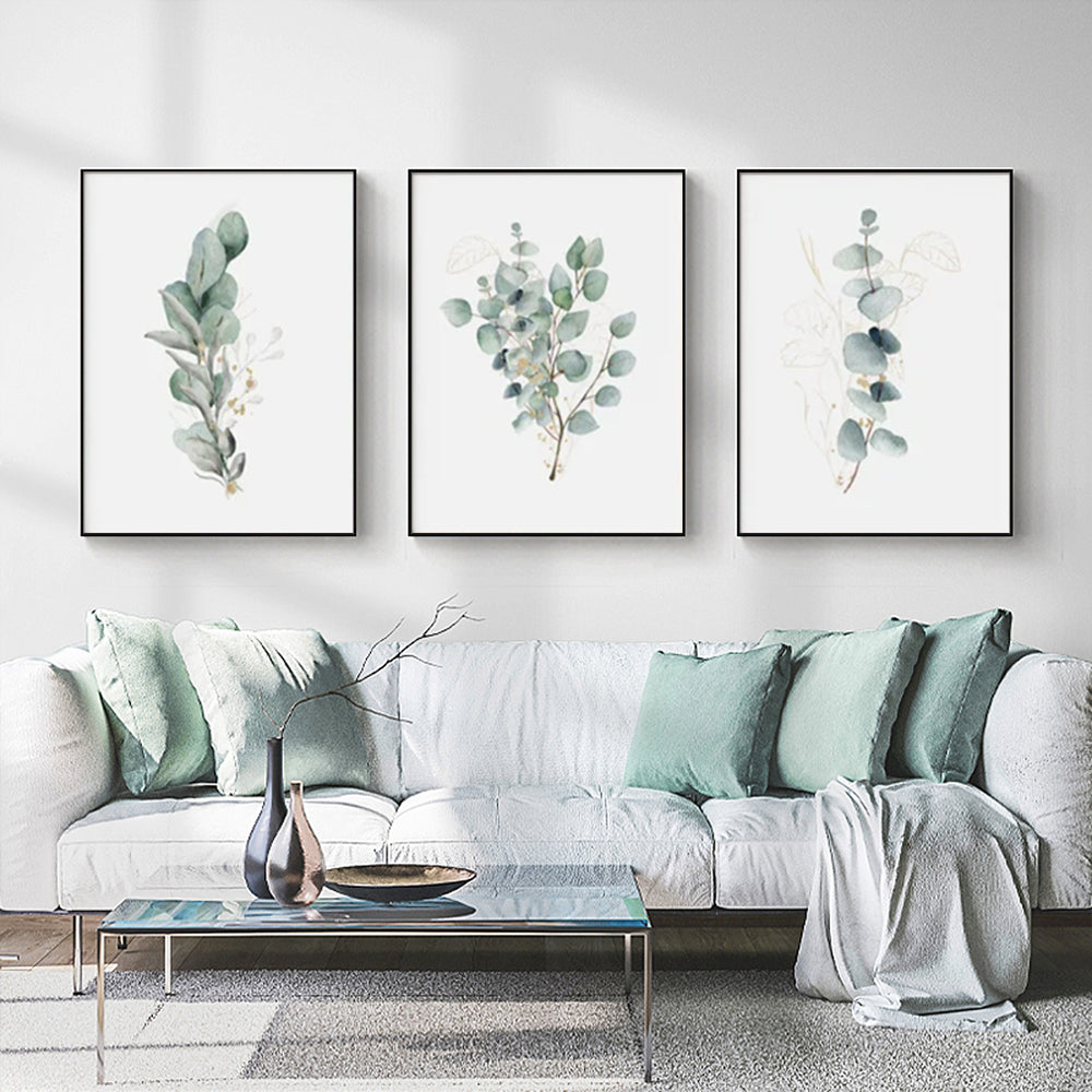 Wall Art Eucalyptus Plant 3 Sets Black and Gold Frame Canvas