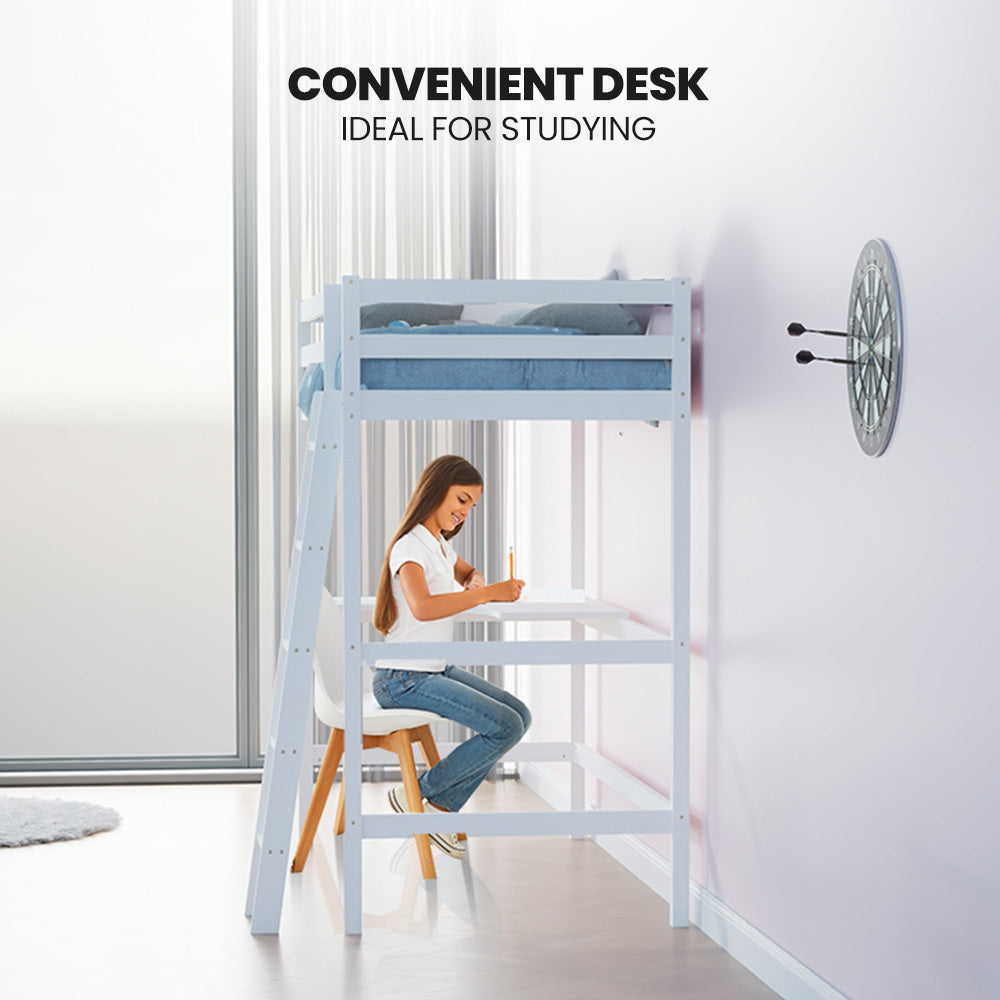 KINGSTON SLUMBER Wooden Kids Single Loft Bed Frame with Desk - White