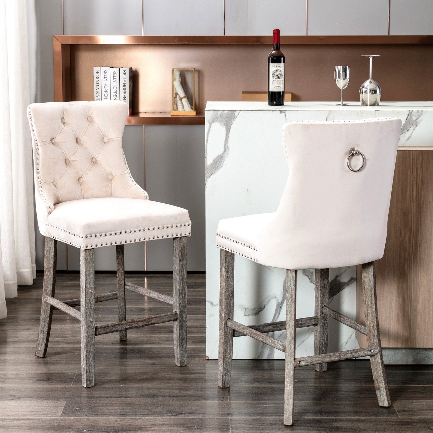 Velvet Bar Stools with Studs Trim Wooden Legs Tufted Dining Chairs Kitchen