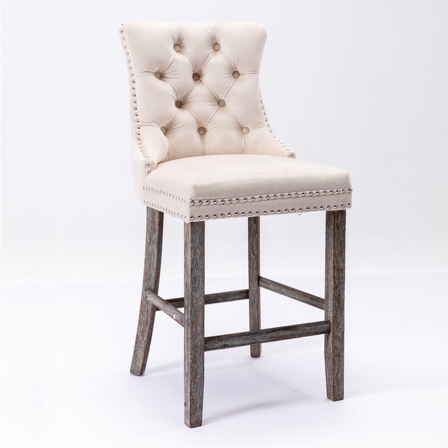 Velvet Bar Stools with Studs Trim Wooden Legs Tufted Dining Chairs Kitchen