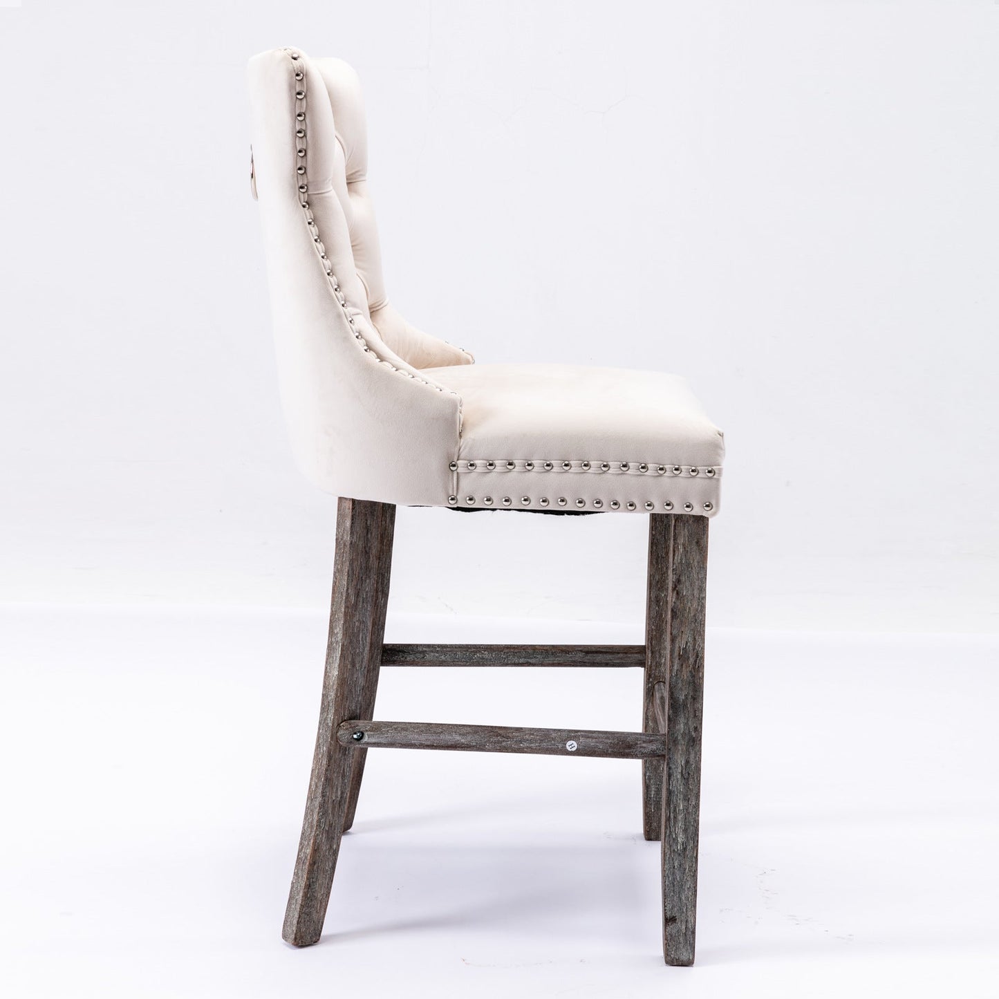 Velvet Bar Stools with Studs Trim Wooden Legs Tufted Dining Chairs Kitchen
