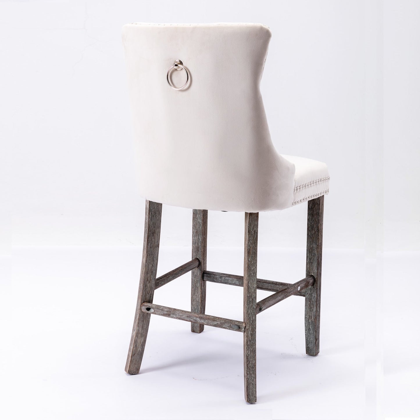 Velvet Bar Stools with Studs Trim Wooden Legs Tufted Dining Chairs Kitchen