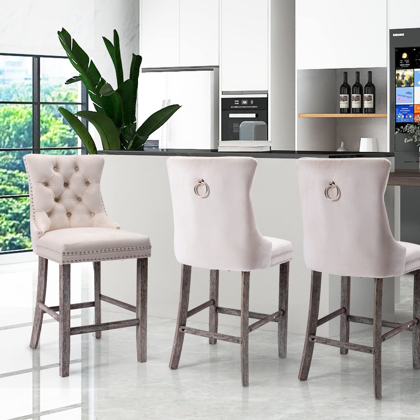 Velvet Bar Stools with Studs Trim Wooden Legs Tufted Dining Chairs Kitchen
