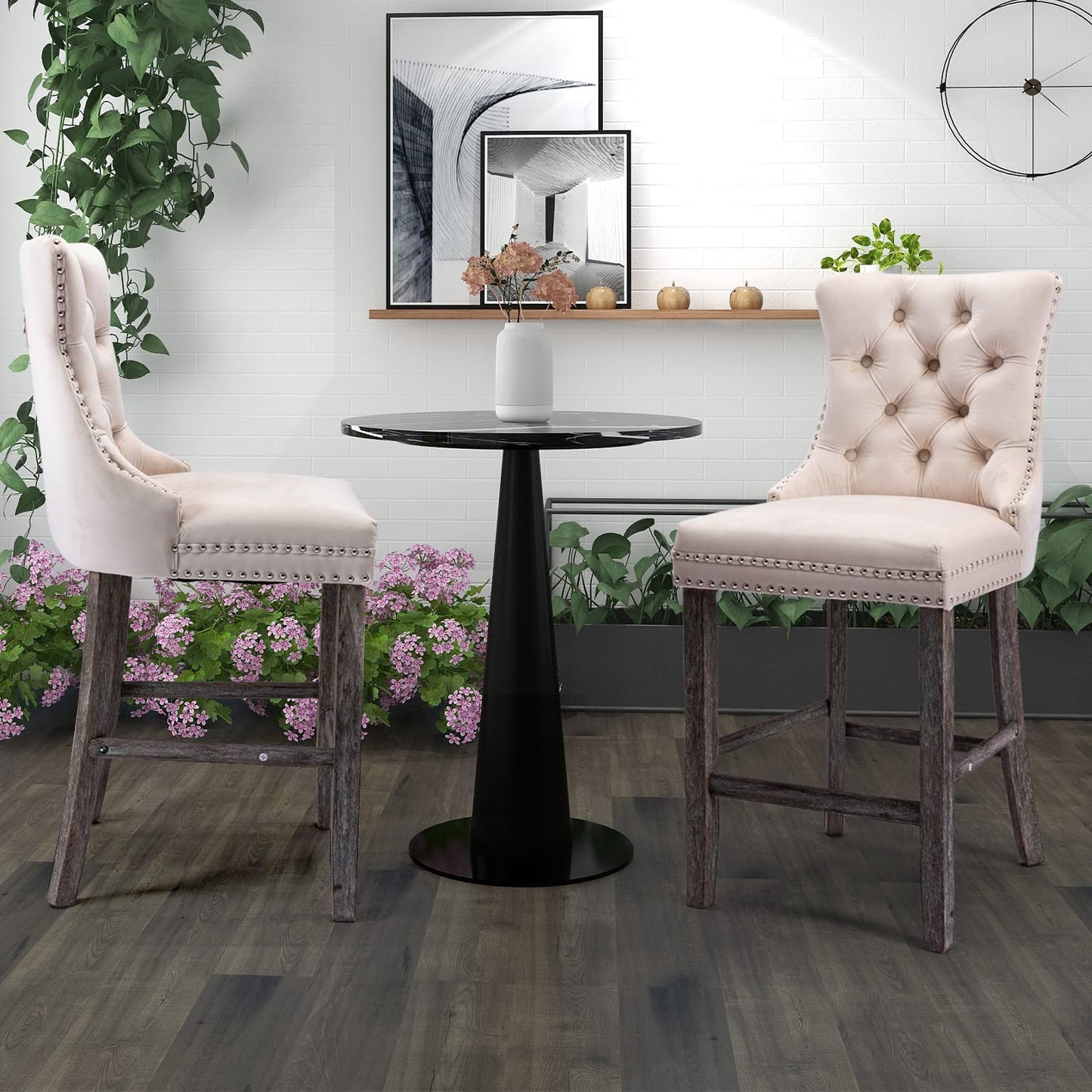 Velvet Bar Stools with Studs Trim Wooden Legs Tufted Dining Chairs Kitchen