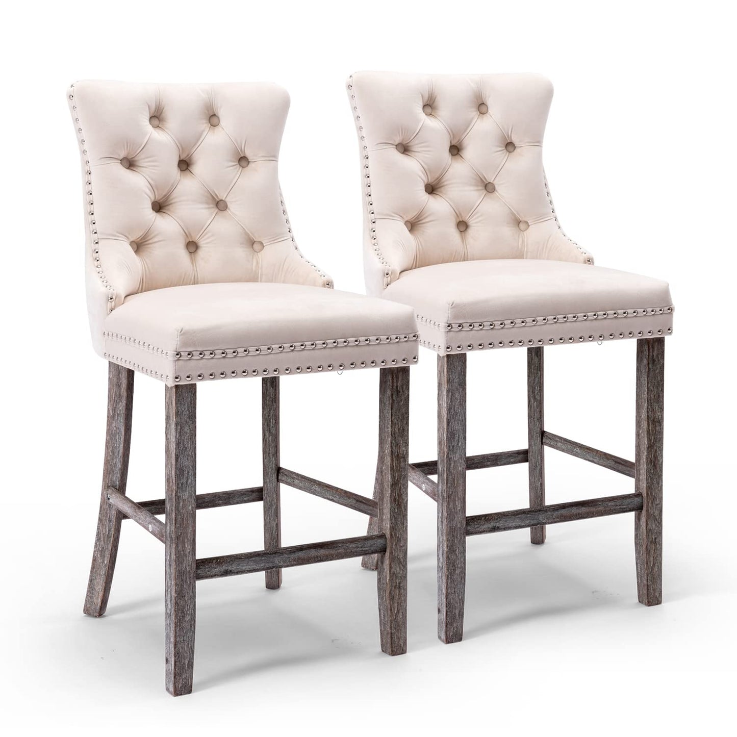 Velvet Bar Stools with Studs Trim Wooden Legs Tufted Dining Chairs Kitchen