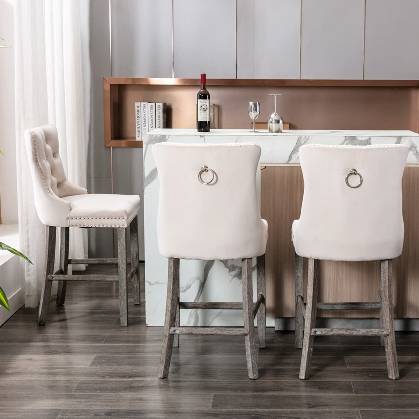 Velvet Bar Stools with Studs Trim Wooden Legs Tufted Dining Chairs Kitchen