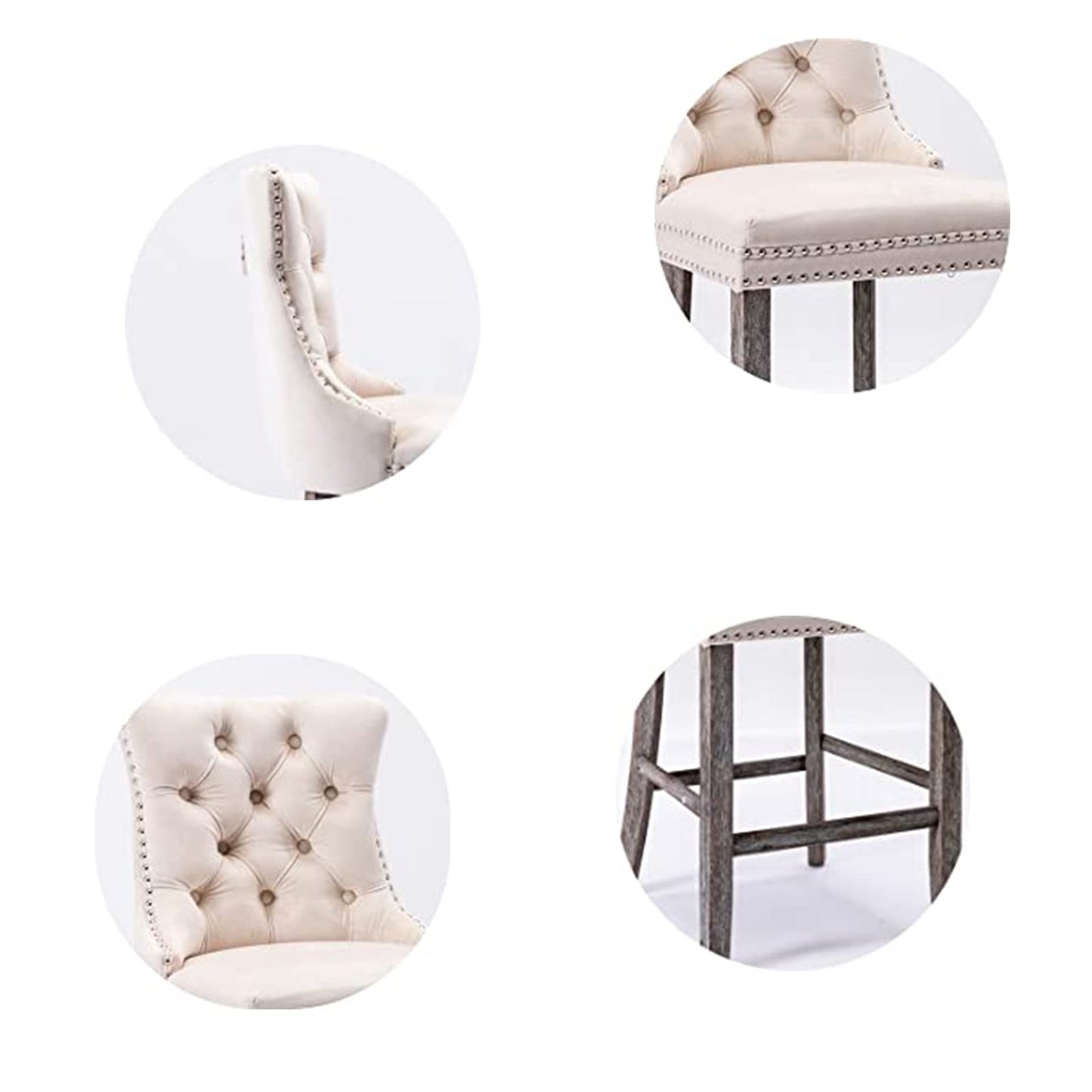 Velvet Bar Stools with Studs Trim Wooden Legs Tufted Dining Chairs Kitchen