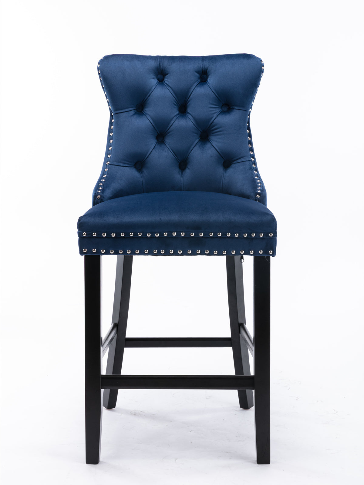 Velvet Bar Stools with Studs Trim Wooden Legs Tufted Dining Chairs Kitchen