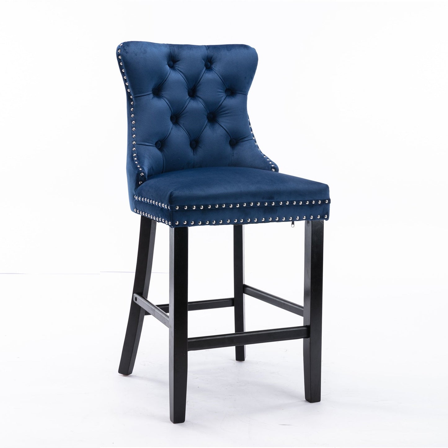 Velvet Bar Stools with Studs Trim Wooden Legs Tufted Dining Chairs Kitchen