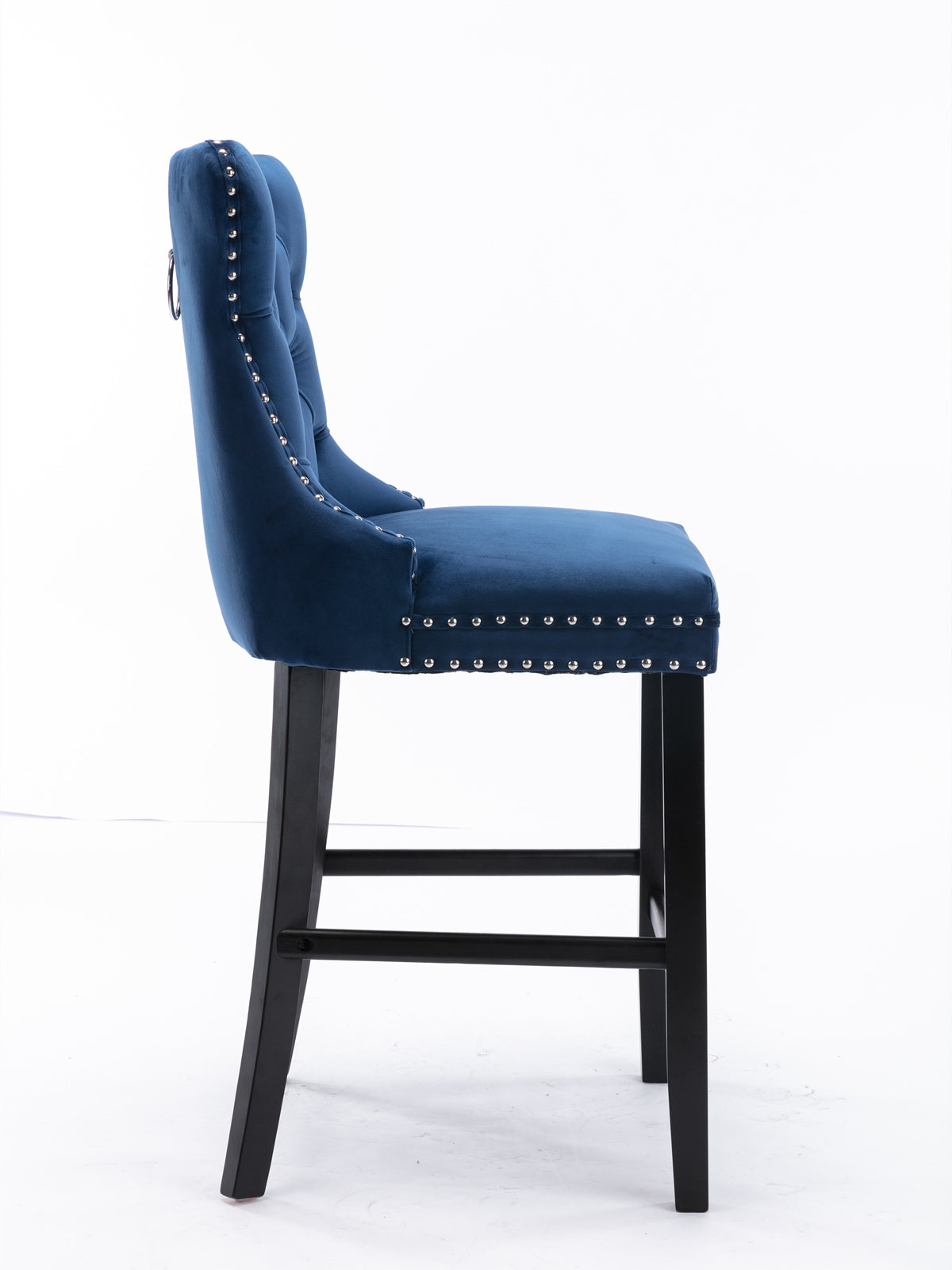Velvet Bar Stools with Studs Trim Wooden Legs Tufted Dining Chairs Kitchen