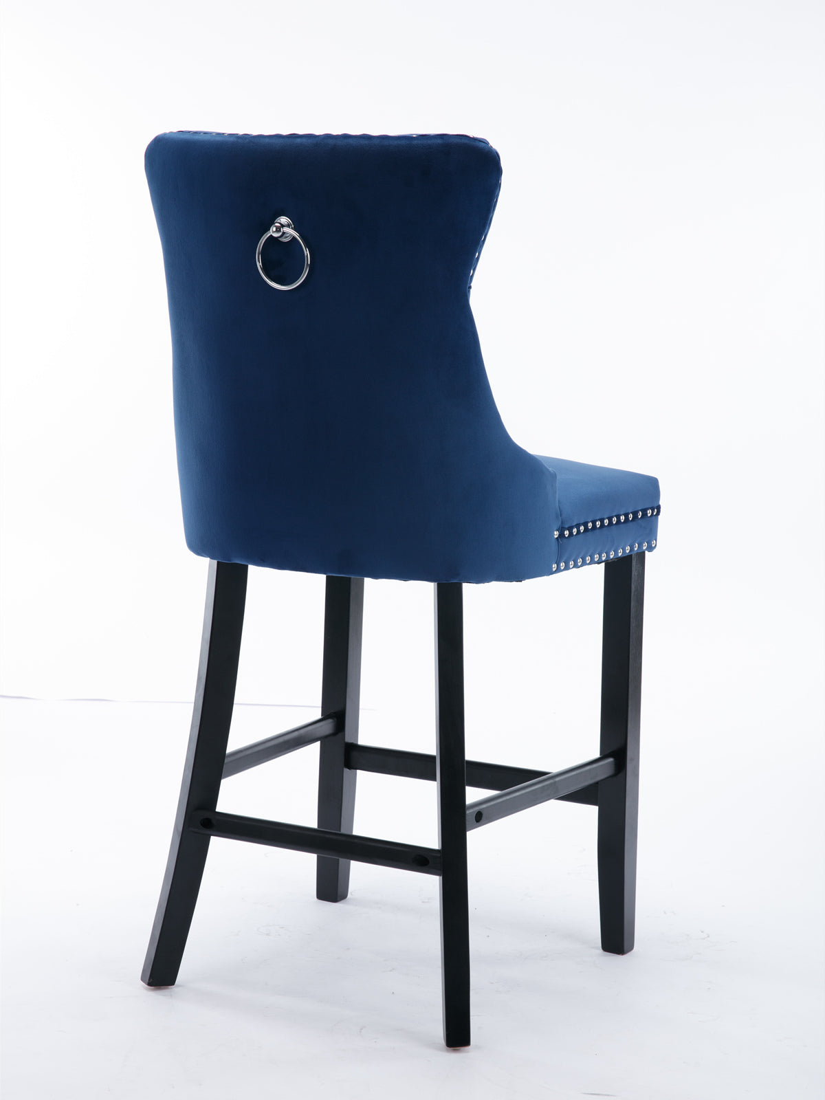 Velvet Bar Stools with Studs Trim Wooden Legs Tufted Dining Chairs Kitchen