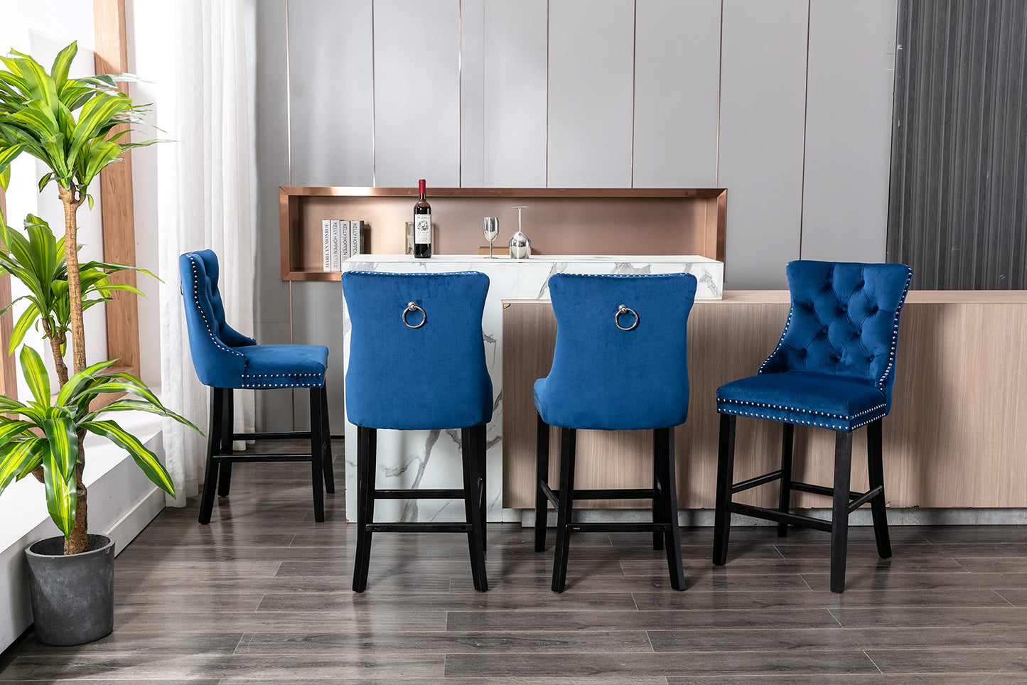 Velvet Bar Stools with Studs Trim Wooden Legs Tufted Dining Chairs Kitchen