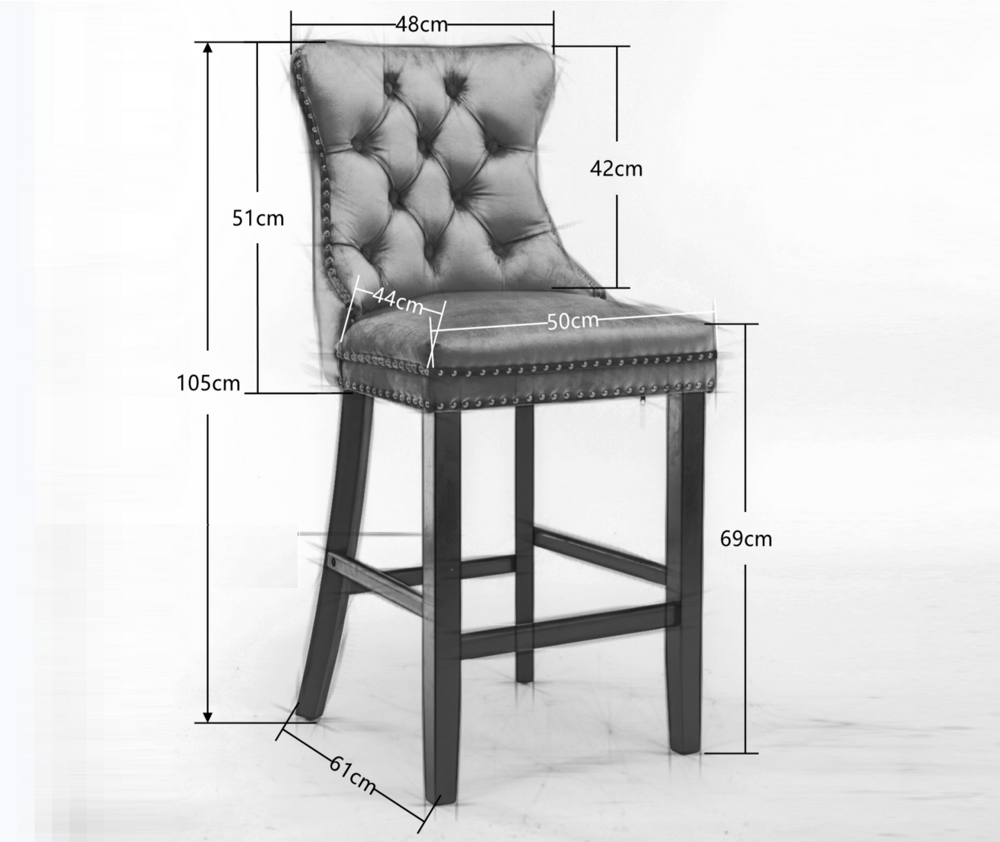 Velvet Bar Stools with Studs Trim Wooden Legs Tufted Dining Chairs Kitchen