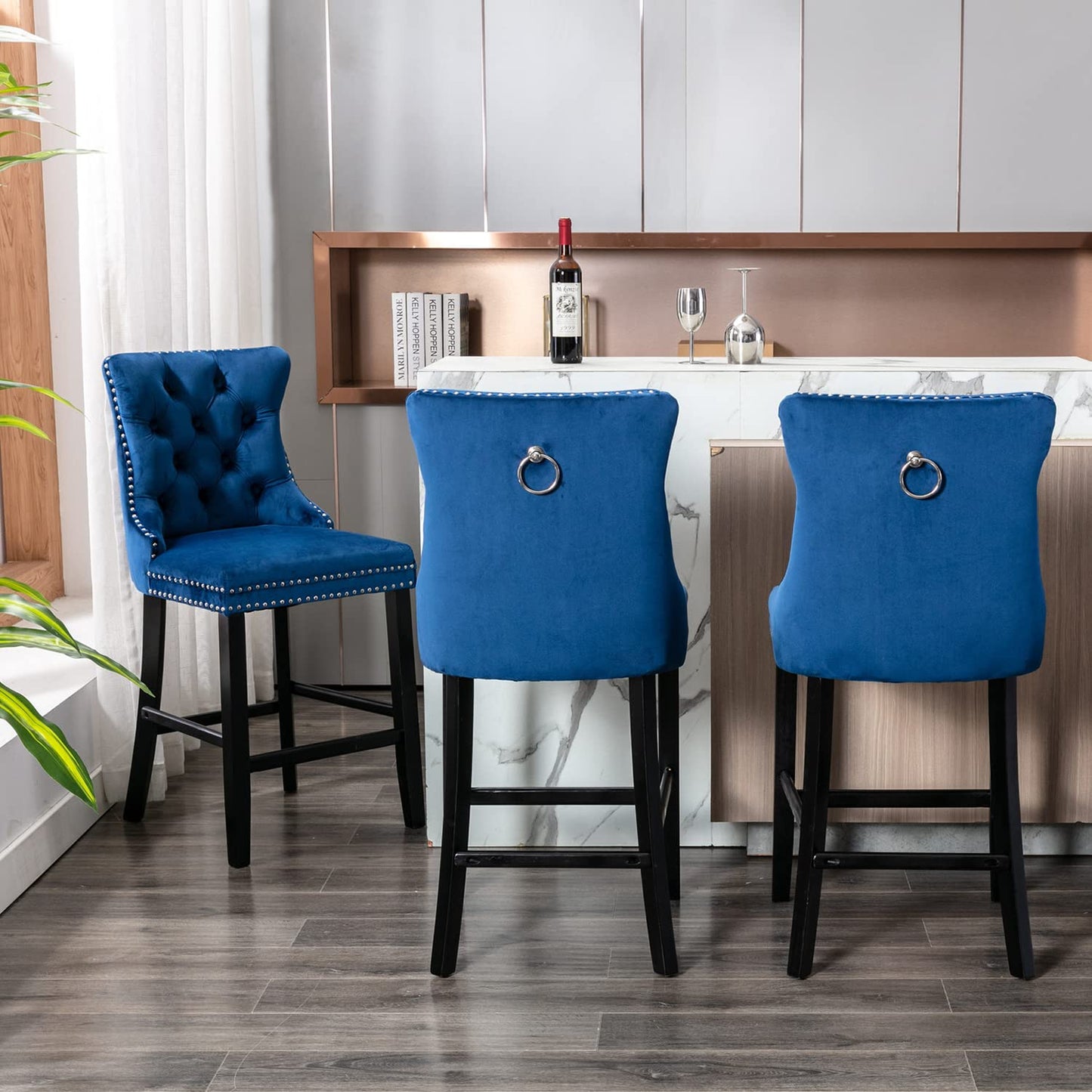 Velvet Bar Stools with Studs Trim Wooden Legs Tufted Dining Chairs Kitchen