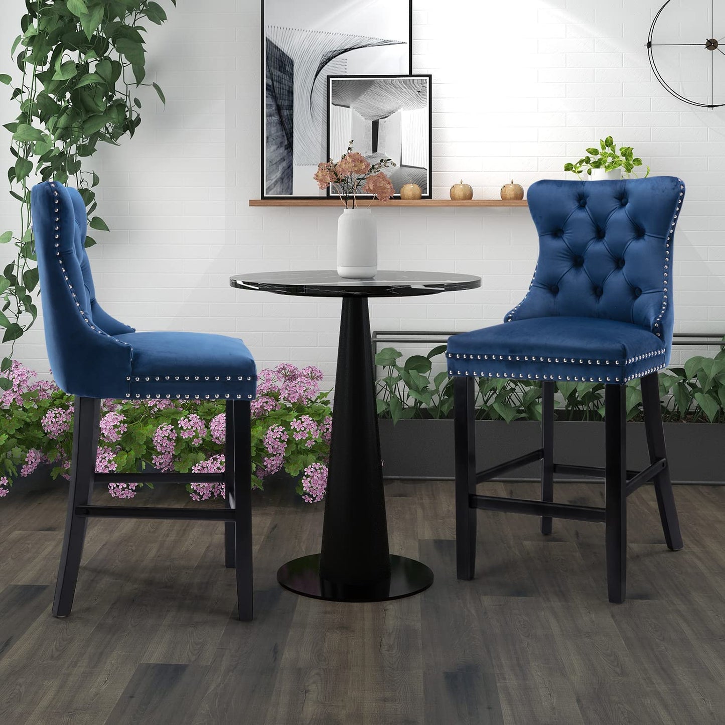 Velvet Bar Stools with Studs Trim Wooden Legs Tufted Dining Chairs Kitchen