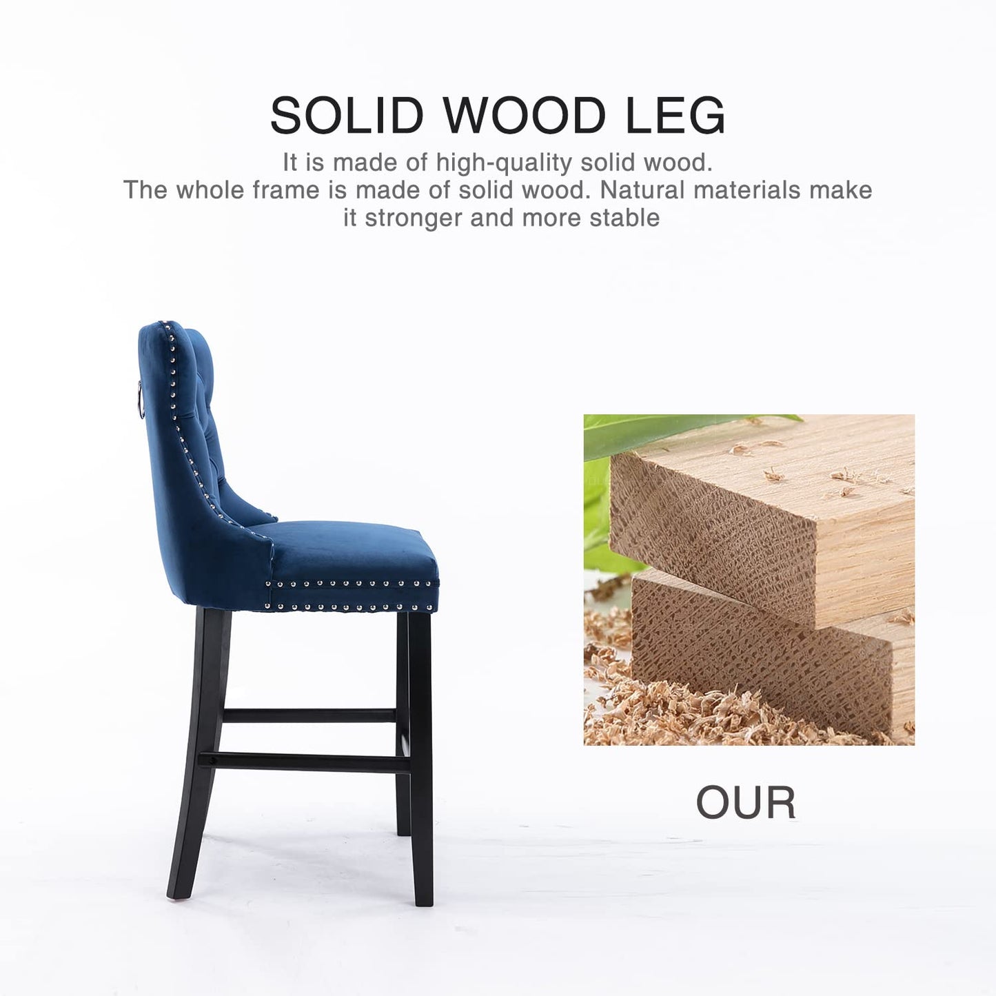 Velvet Bar Stools with Studs Trim Wooden Legs Tufted Dining Chairs Kitchen
