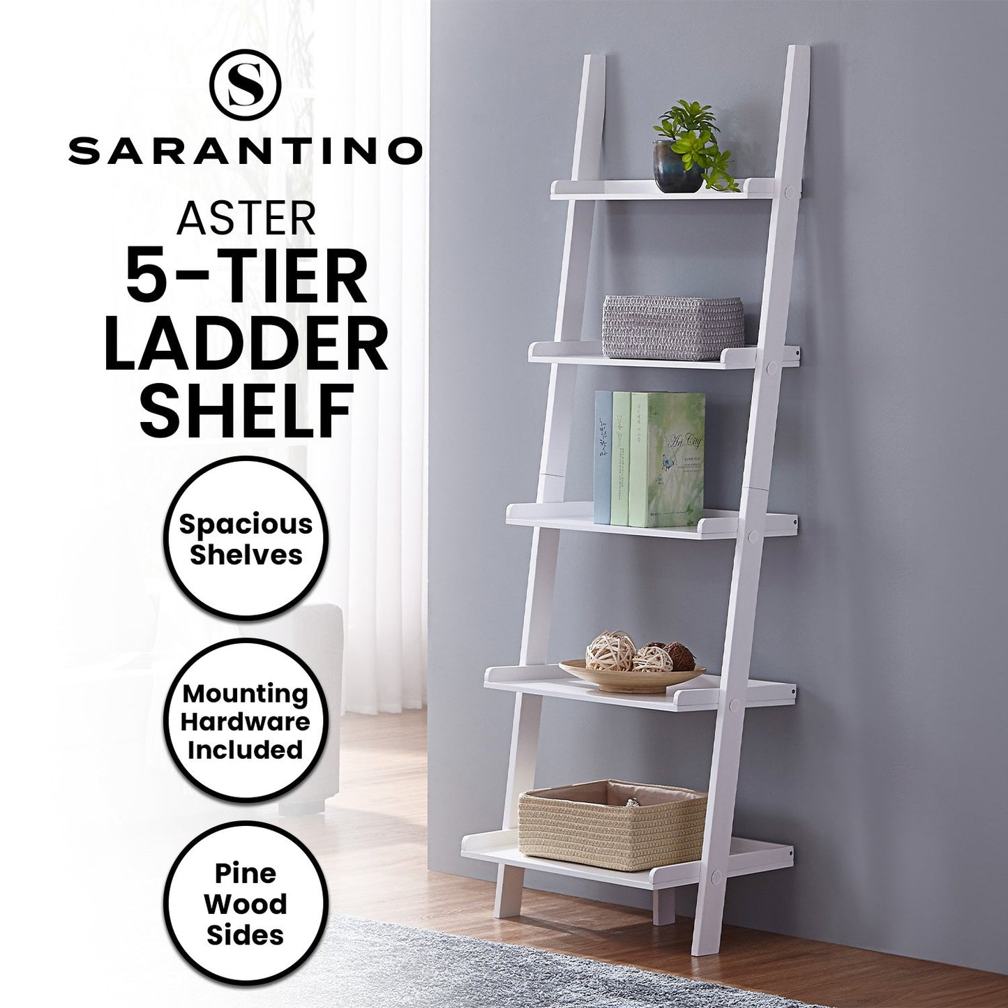 Sarantino Aster 5-Tier Ladder Shelf in White