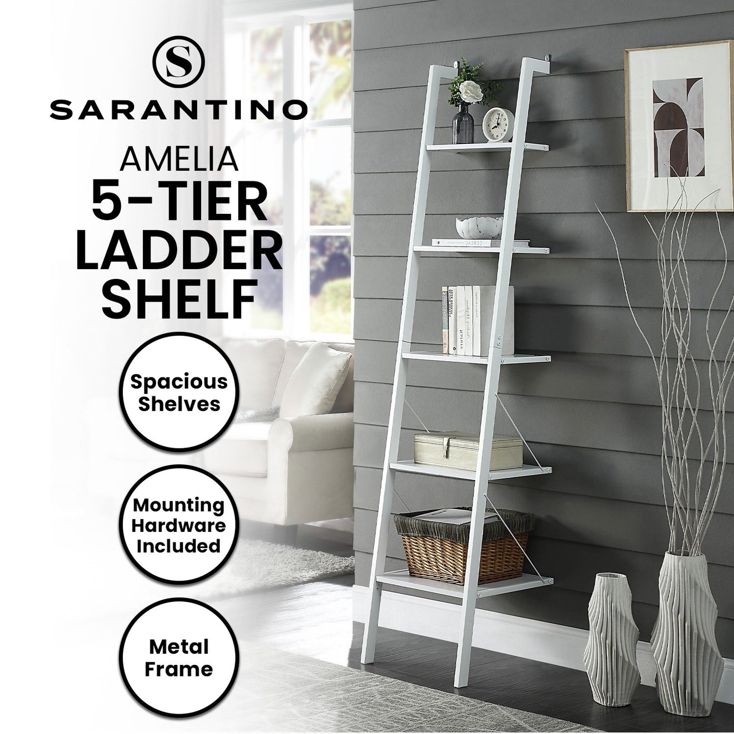 Sarantino Amelia 5-Tier Ladder Shelf in White