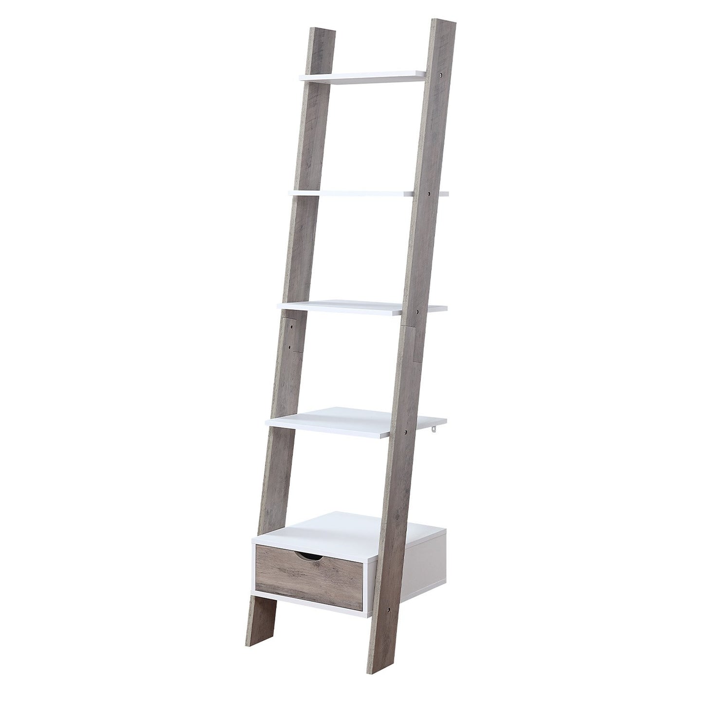 Mira 5-Tier Ladder Shelf – Drawer Storage, White and Grey Oak Finish
