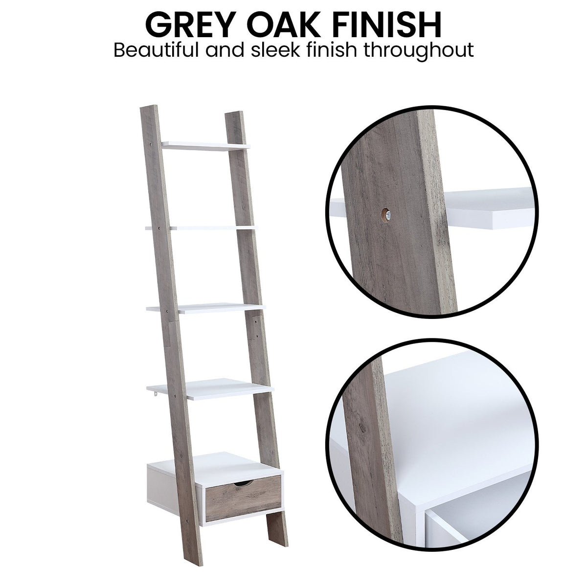 Mira 5-Tier Ladder Shelf – Drawer Storage, White and Grey Oak Finish