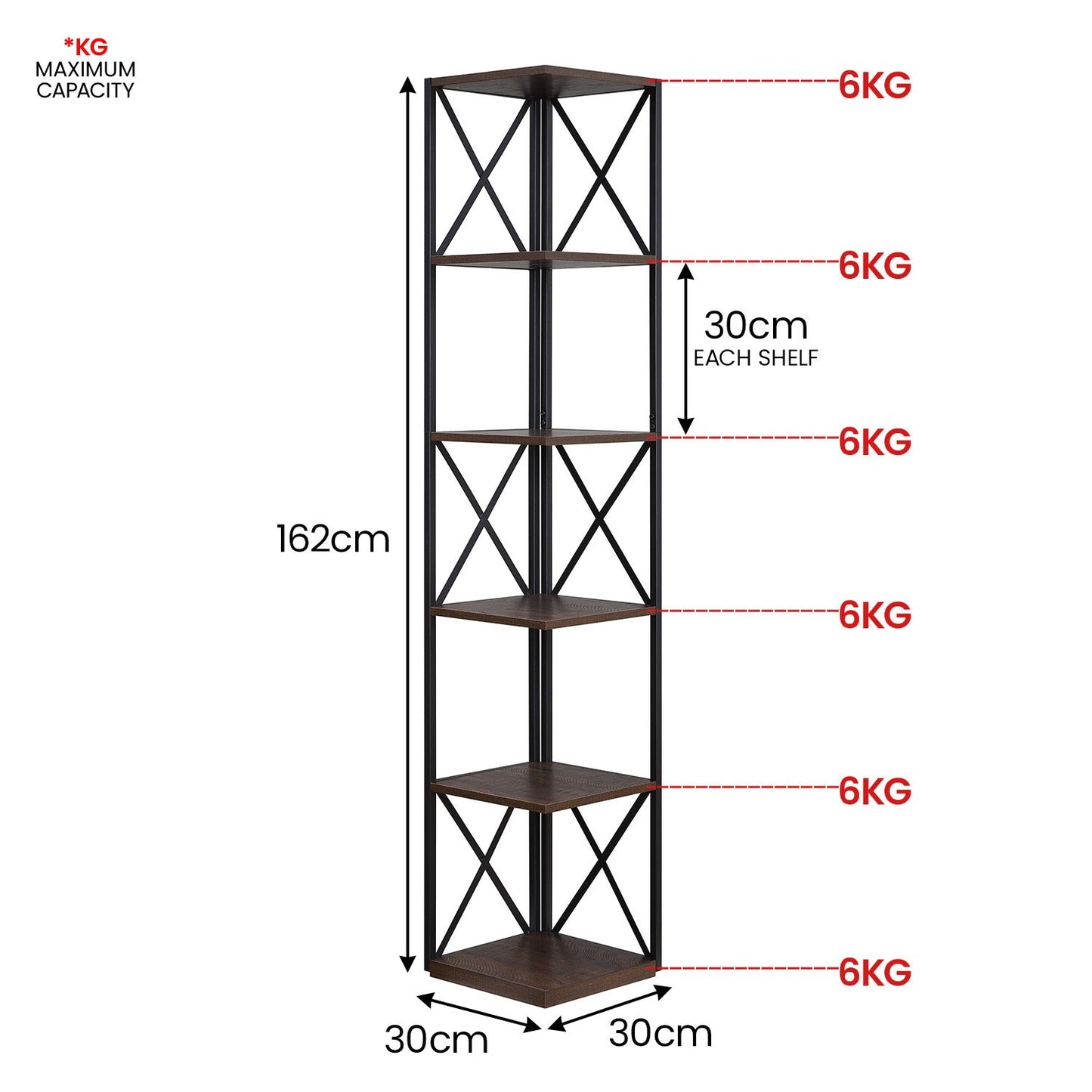 Sarantino Nora 5-Tier Corner Bookshelf in Walnut/Black