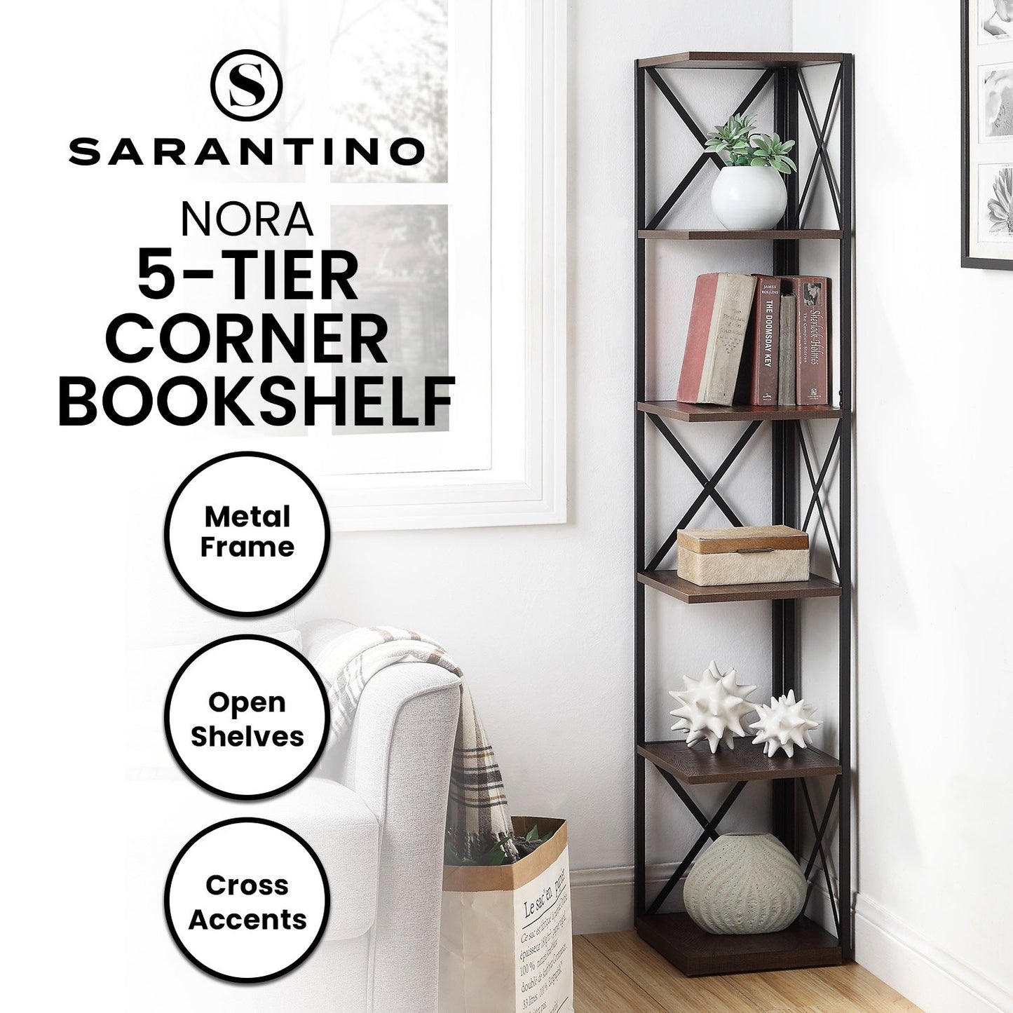 Sarantino Nora 5-Tier Corner Bookshelf in Walnut/Black