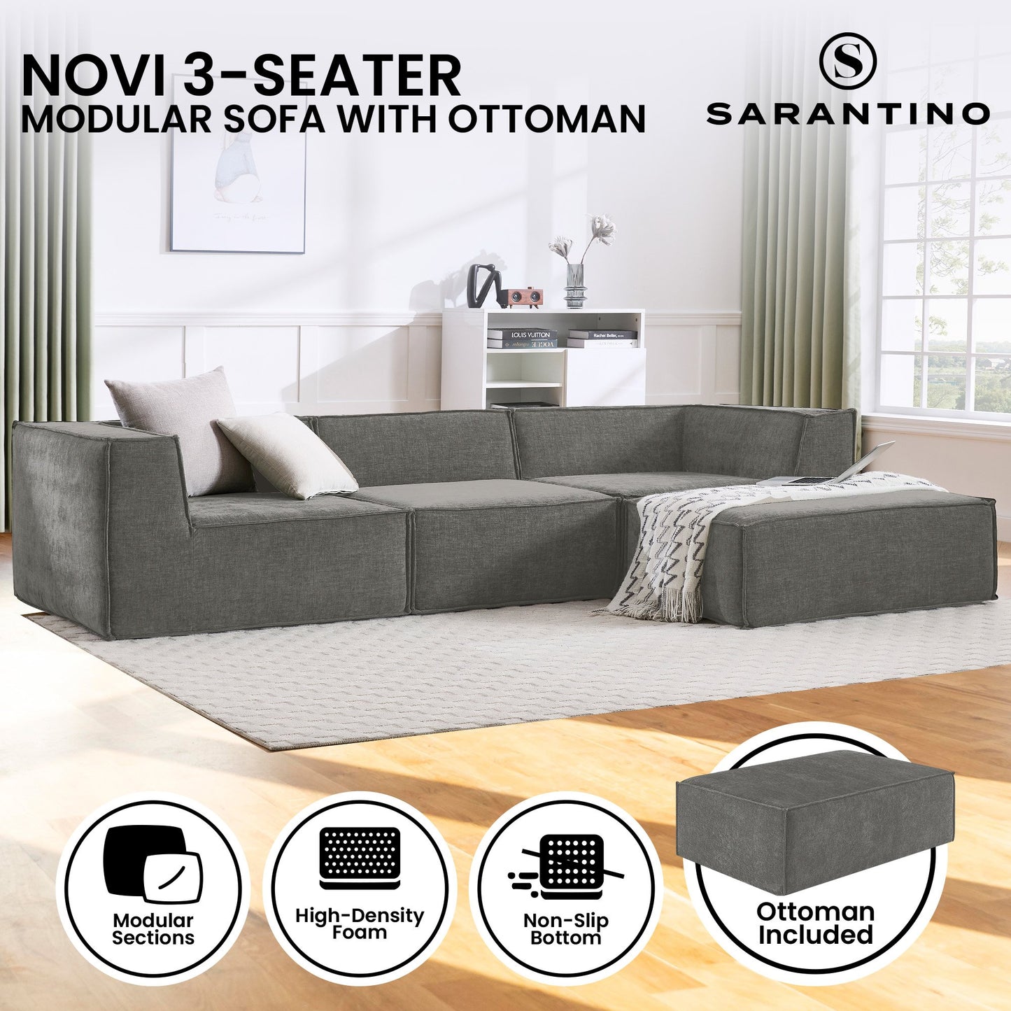 Novi 3-Seater Modular Sofa with Ottoman – Grey, Non-Slip Bottom