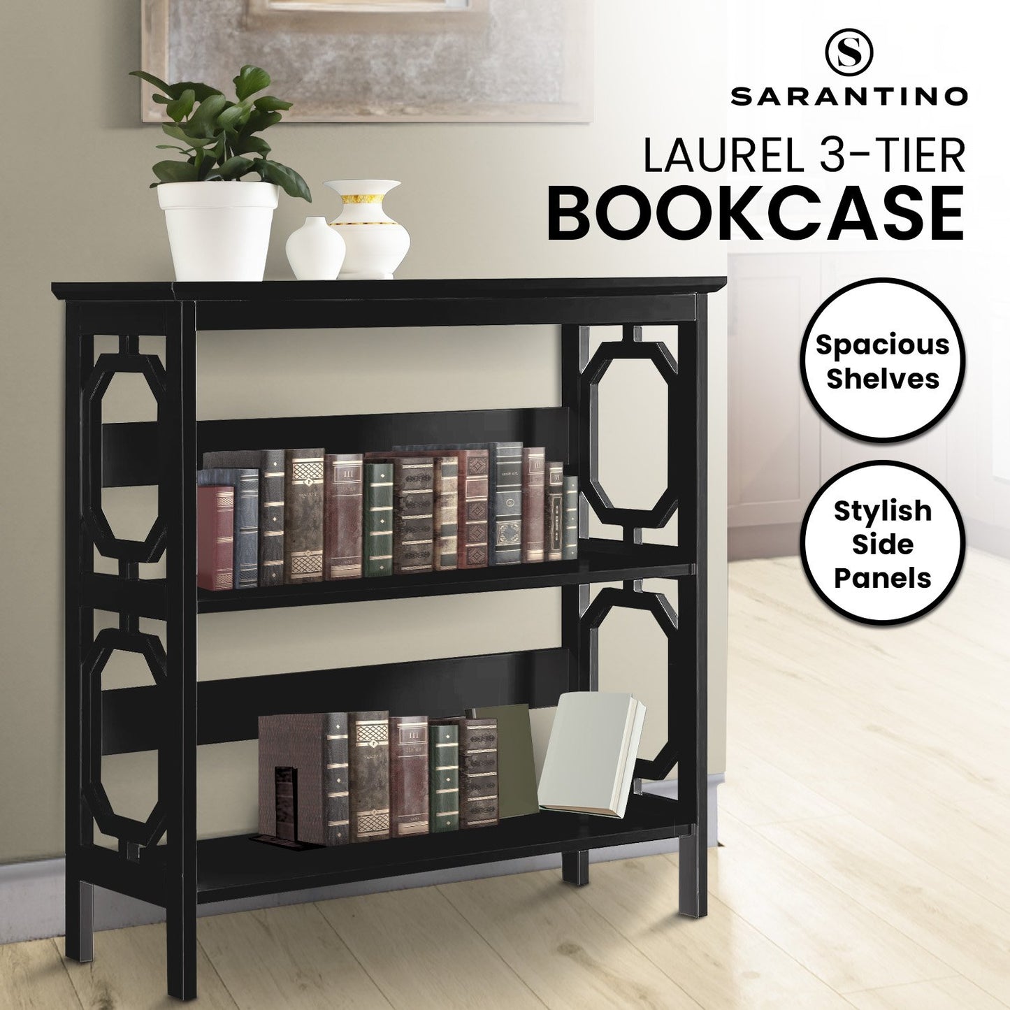 Sarantino Laurel 3-Tier Bookshelf Display Rack in Black