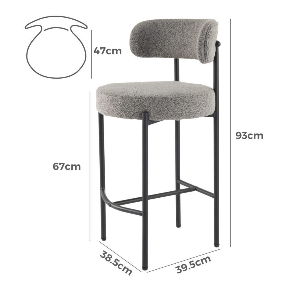 Elsa Low Bar Stools – Grey Boucle Upholstery, Steel Frame, Set of 2
