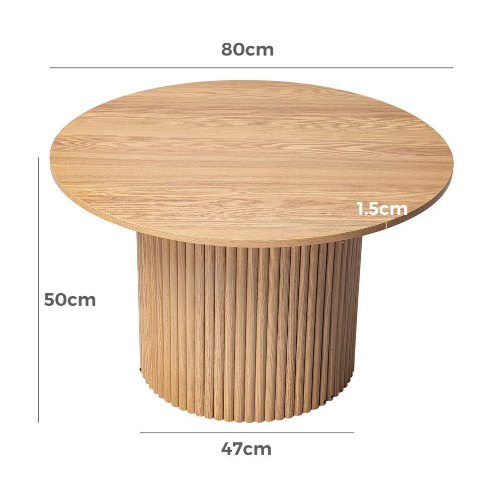 Ribbed Round Coffee Table – Natural Wood, Minimalist Design