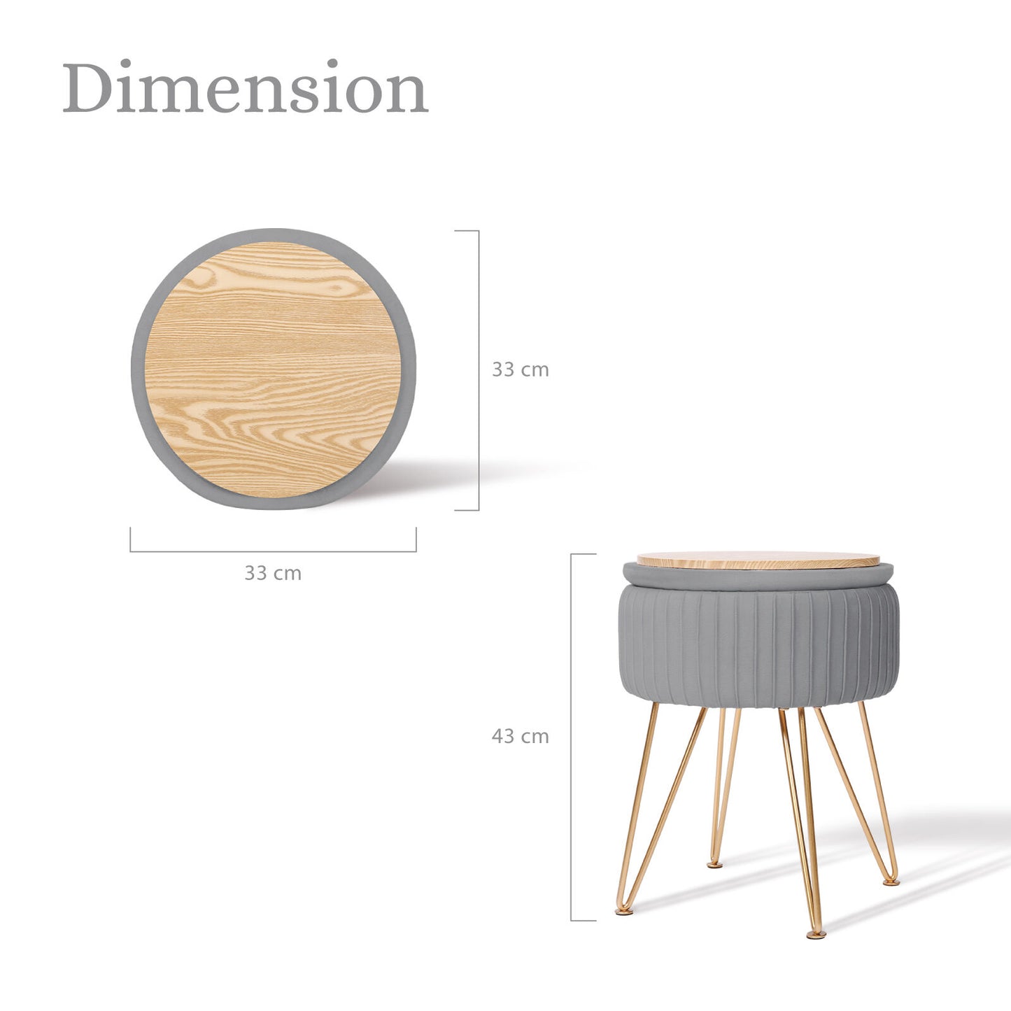 Side Table Storage Ottoman – Velvet Padded Stool, Grey
