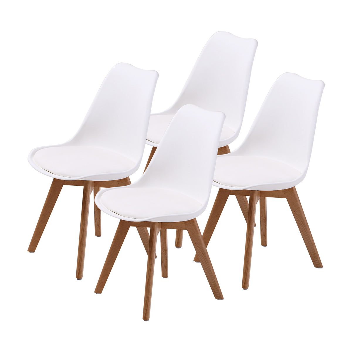 Retro Dining Chair Set – Padded White Seat, Beech Wood Legs (4 Pack)