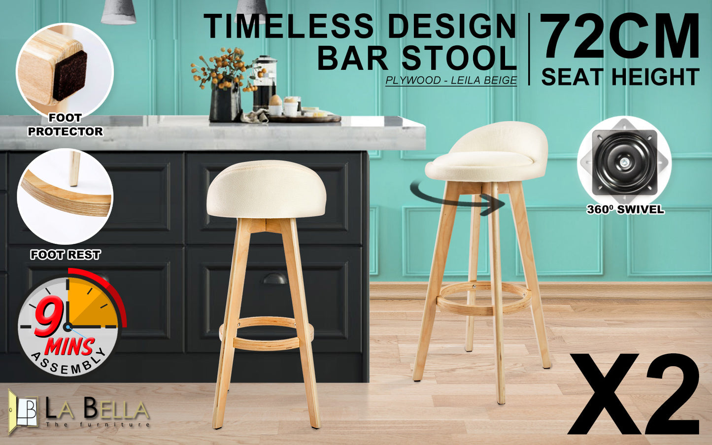 2X Wooden Bar Stool Dining Chair Fabric Leather LEILA 72cm