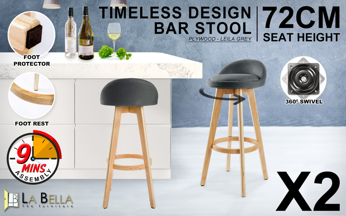 2X Wooden Bar Stool Dining Chair Fabric Leather LEILA 72cm