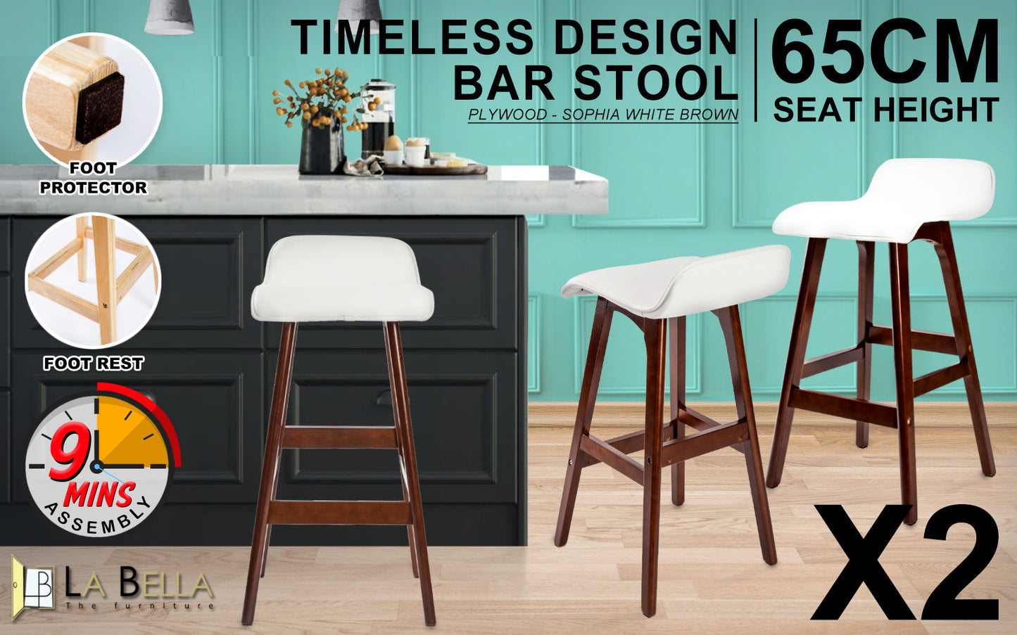2X Wooden Bar Stool Dining Chair Leather SOPHIA 65cm