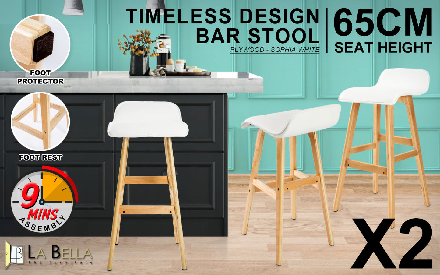 2X Wooden Bar Stool Dining Chair Leather SOPHIA 65cm