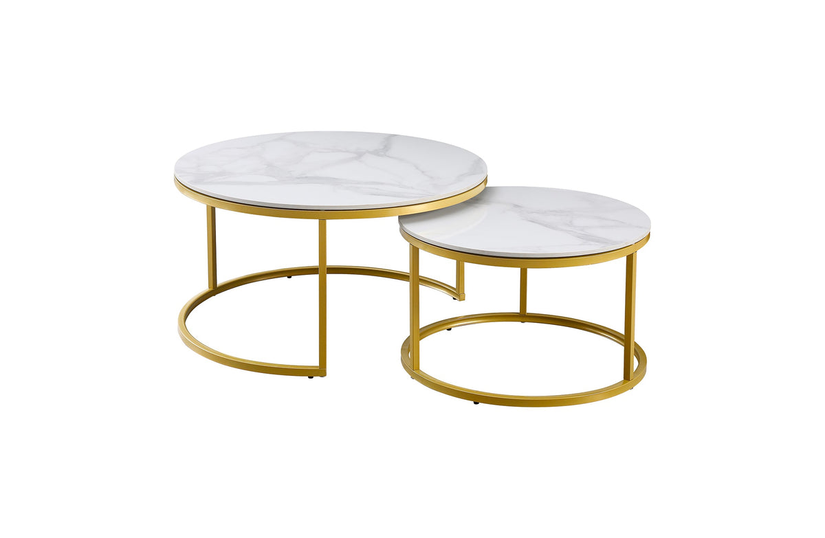 White marble nesting coffee table featuring a champagne gold metal frame, beautifully crafted for comfort and style.
