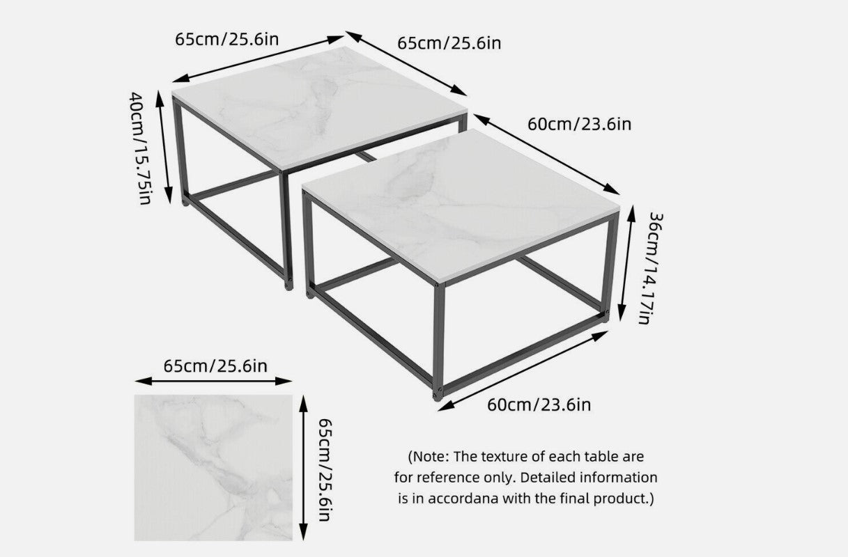 Ciest Square Nesting Coffee Table Set – White Marble Stone, Black Iron Base